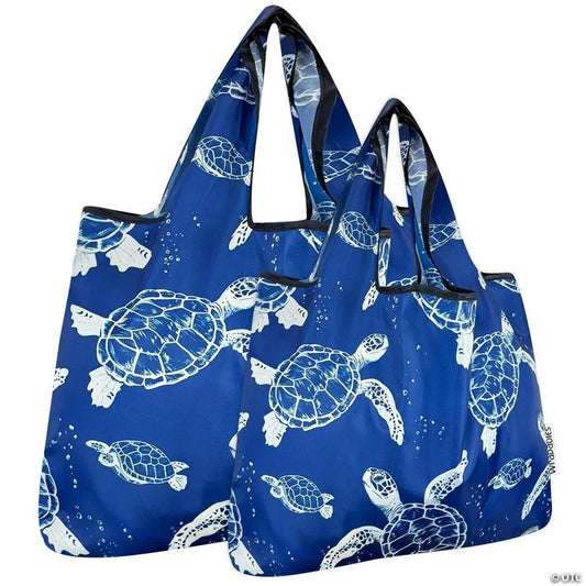 Wrapables Large & Small Foldable Tote Nylon Reusable Grocery Bags, Set of 2, Marine Turtles