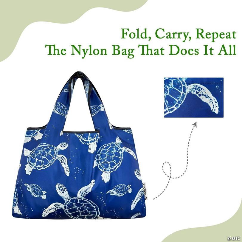 Wrapables Large & Small Foldable Tote Nylon Reusable Grocery Bags, Set of 2, Marine Turtles