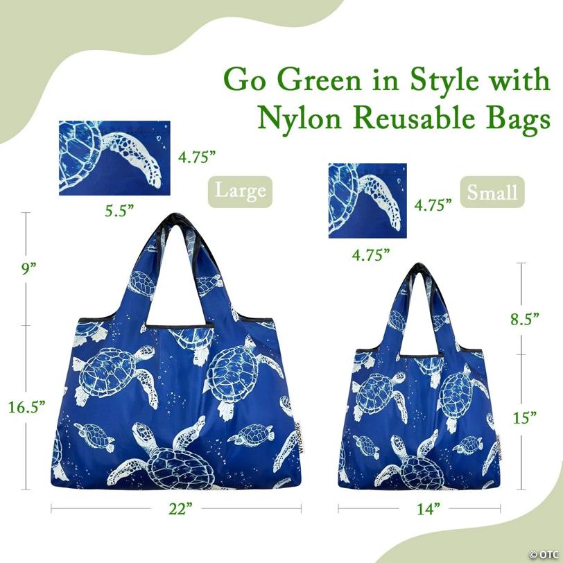 Wrapables Large & Small Foldable Tote Nylon Reusable Grocery Bags, Set of 2, Marine Turtles