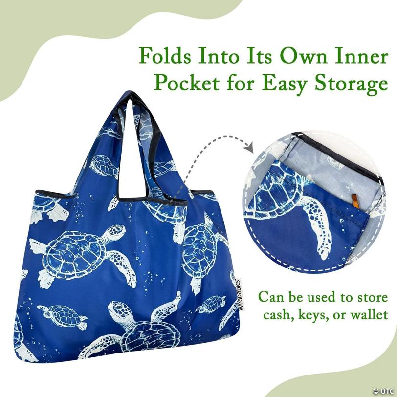 Wrapables Large & Small Foldable Tote Nylon Reusable Grocery Bags, Set of 2, Marine Turtles