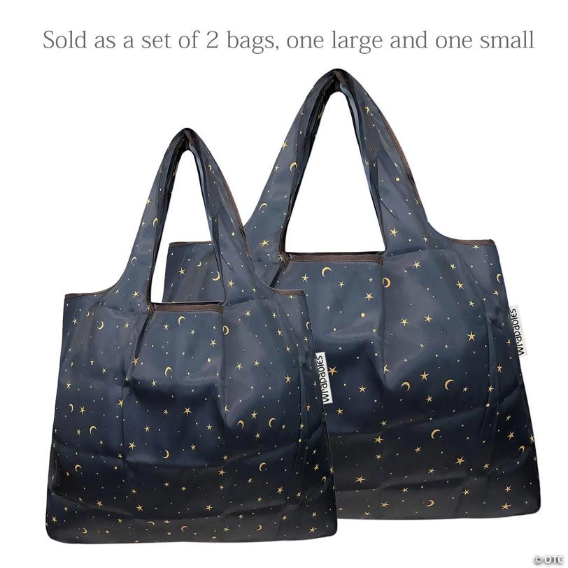 Wrapables Large & Small Foldable Tote Nylon Reusable Grocery Bags, Set of 2, Moon & Stars