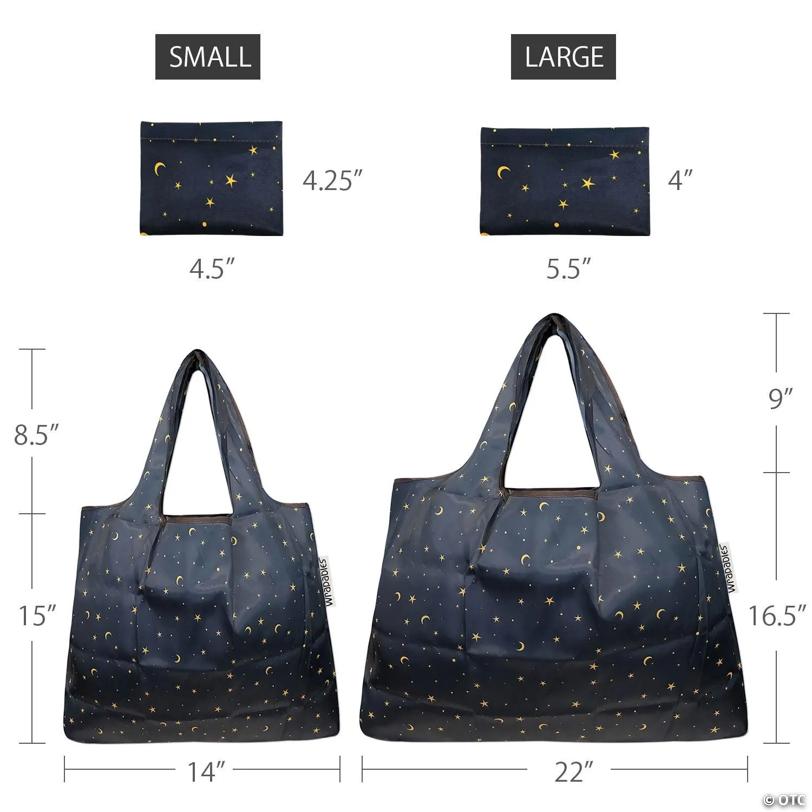 Wrapables Large & Small Foldable Tote Nylon Reusable Grocery Bags, Set of 2, Moon & Stars