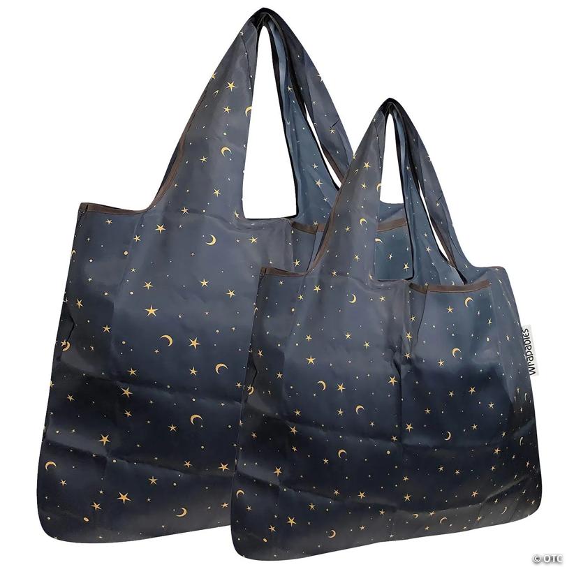 Wrapables Large & Small Foldable Tote Nylon Reusable Grocery Bags, Set of 2, Moon & Stars