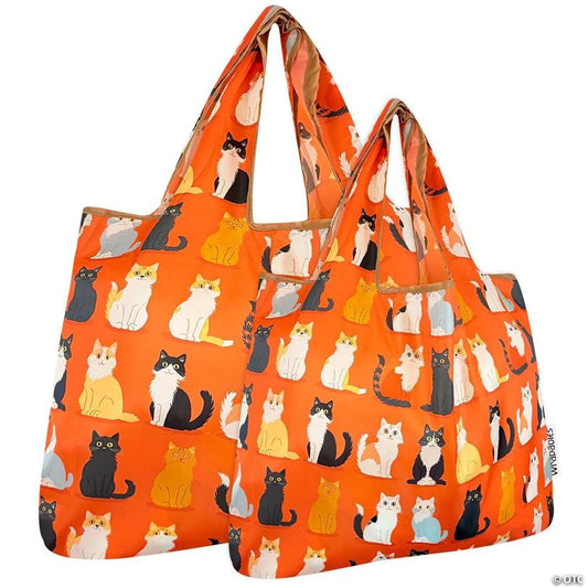 Wrapables Large & Small Foldable Tote Nylon Reusable Grocery Bags, Set of 2, Orange Kitties