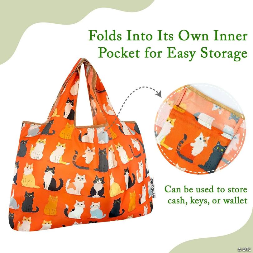 Wrapables Large & Small Foldable Tote Nylon Reusable Grocery Bags, Set of 2, Orange Kitties
