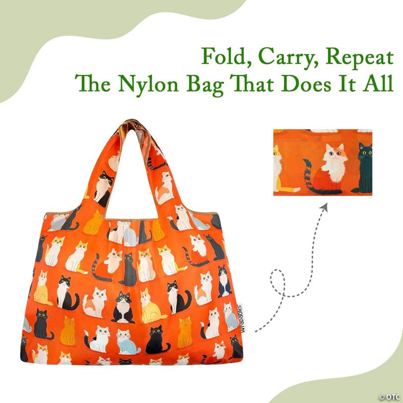 Wrapables Large & Small Foldable Tote Nylon Reusable Grocery Bags, Set of 2, Orange Kitties