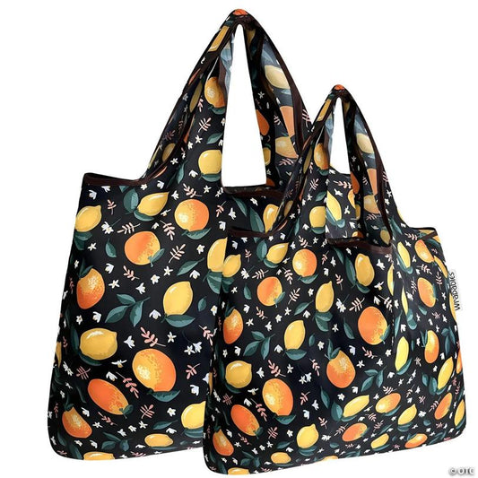 Wrapables Large & Small Foldable Tote Nylon Reusable Grocery Bags, Set of 2, Oranges & Lemons