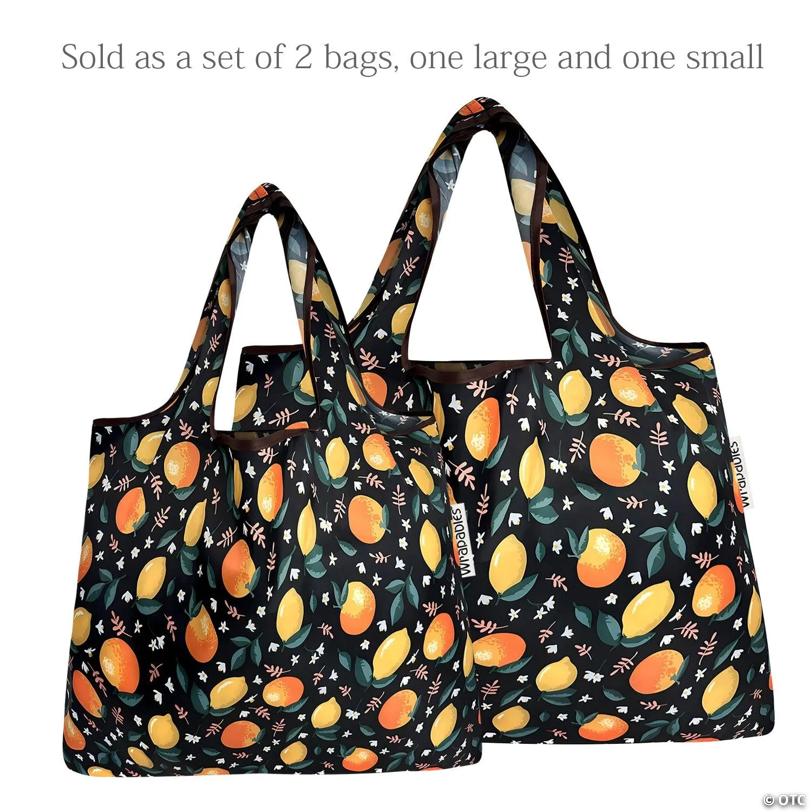 Wrapables Large & Small Foldable Tote Nylon Reusable Grocery Bags, Set of 2, Oranges & Lemons