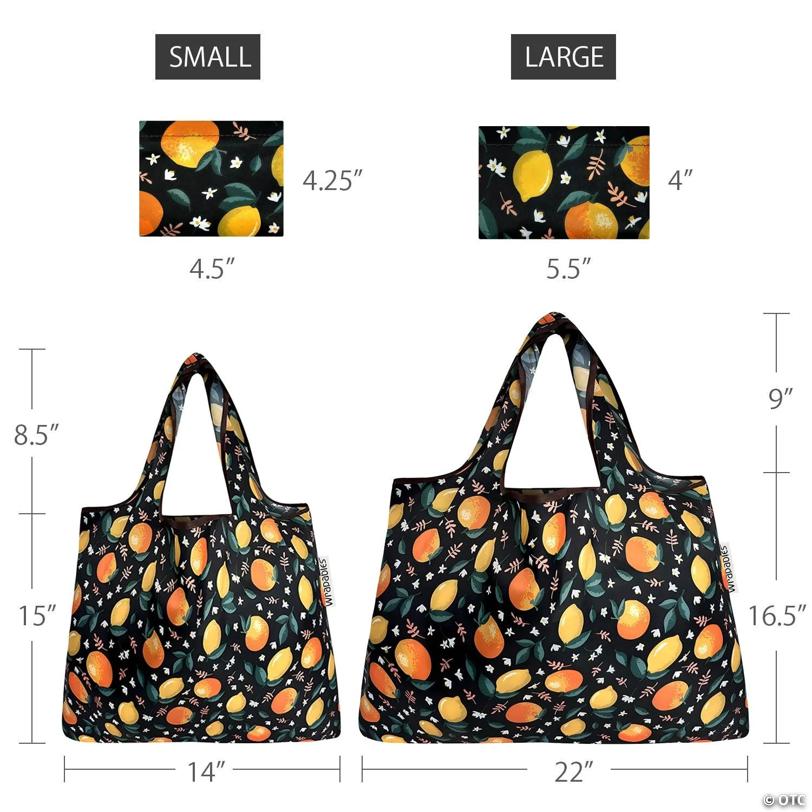 Wrapables Large & Small Foldable Tote Nylon Reusable Grocery Bags, Set of 2, Oranges & Lemons