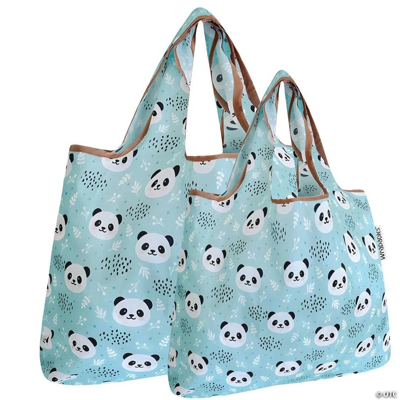 Wrapables Large & Small Foldable Tote Nylon Reusable Grocery Bags, Set of 2, Panda