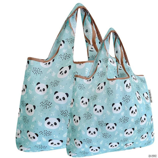 Wrapables Large & Small Foldable Tote Nylon Reusable Grocery Bags, Set of 2, Panda