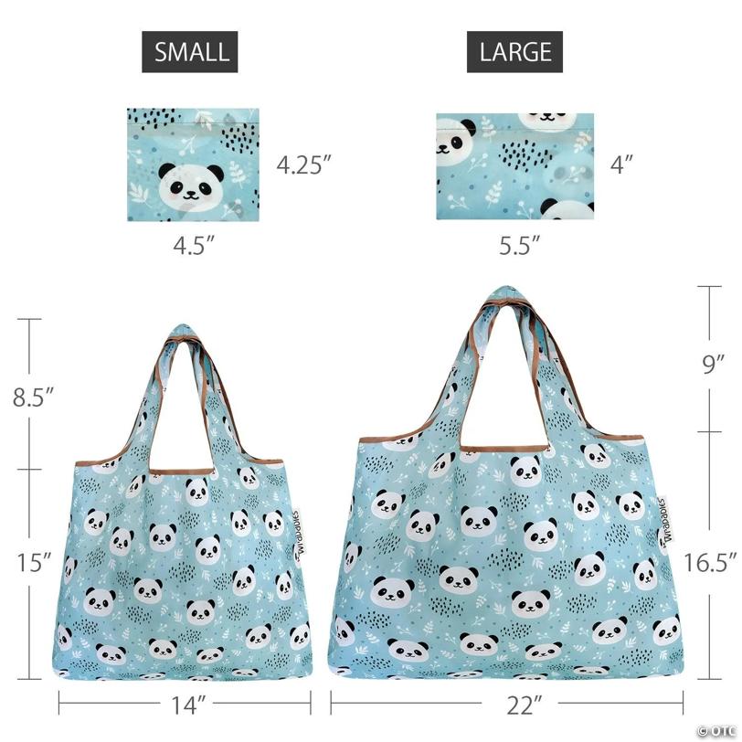 Wrapables Large & Small Foldable Tote Nylon Reusable Grocery Bags, Set of 2, Panda