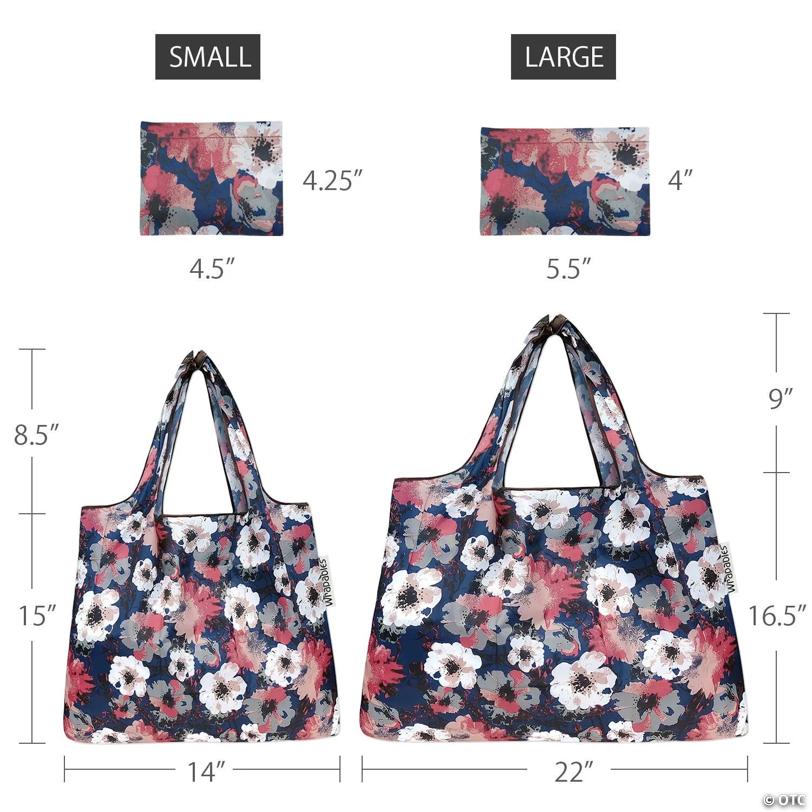 Wrapables Large & Small Foldable Tote Nylon Reusable Grocery Bags, Set of 2, Poppies