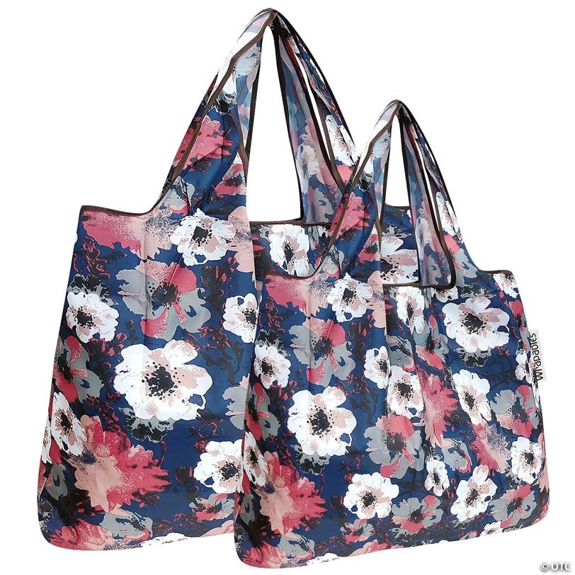 Wrapables Large & Small Foldable Tote Nylon Reusable Grocery Bags, Set of 2, Poppies