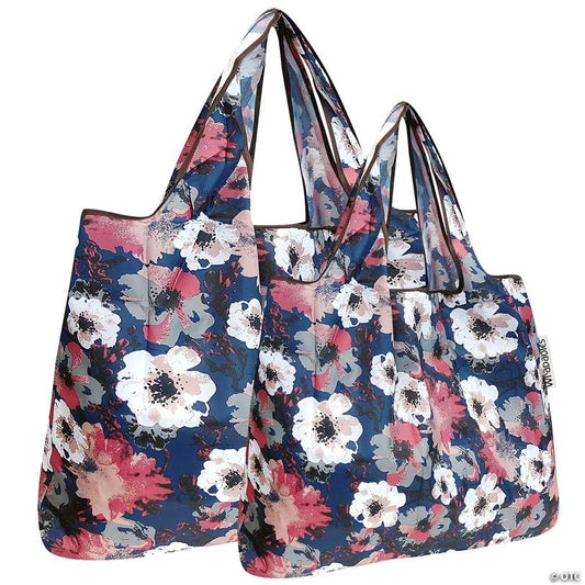 Wrapables Large & Small Foldable Tote Nylon Reusable Grocery Bags, Set of 2, Poppies