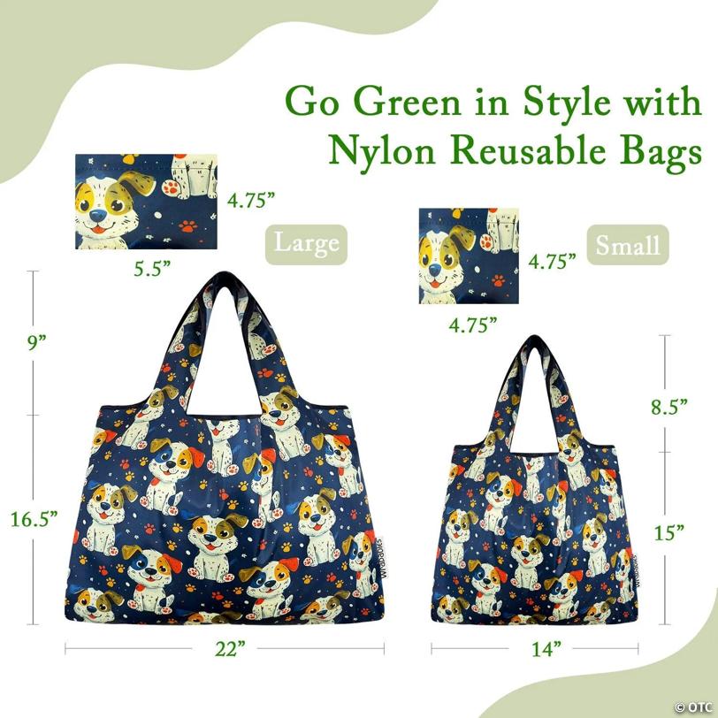 Wrapables Large & Small Foldable Tote Nylon Reusable Grocery Bags, Set of 2, Puppies and Paws