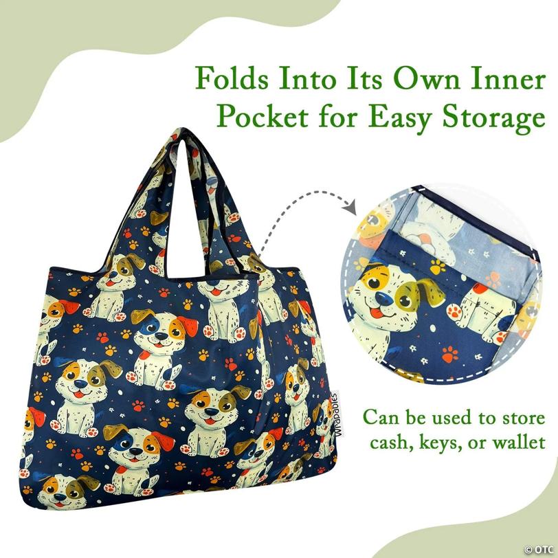 Wrapables Large & Small Foldable Tote Nylon Reusable Grocery Bags, Set of 2, Puppies and Paws