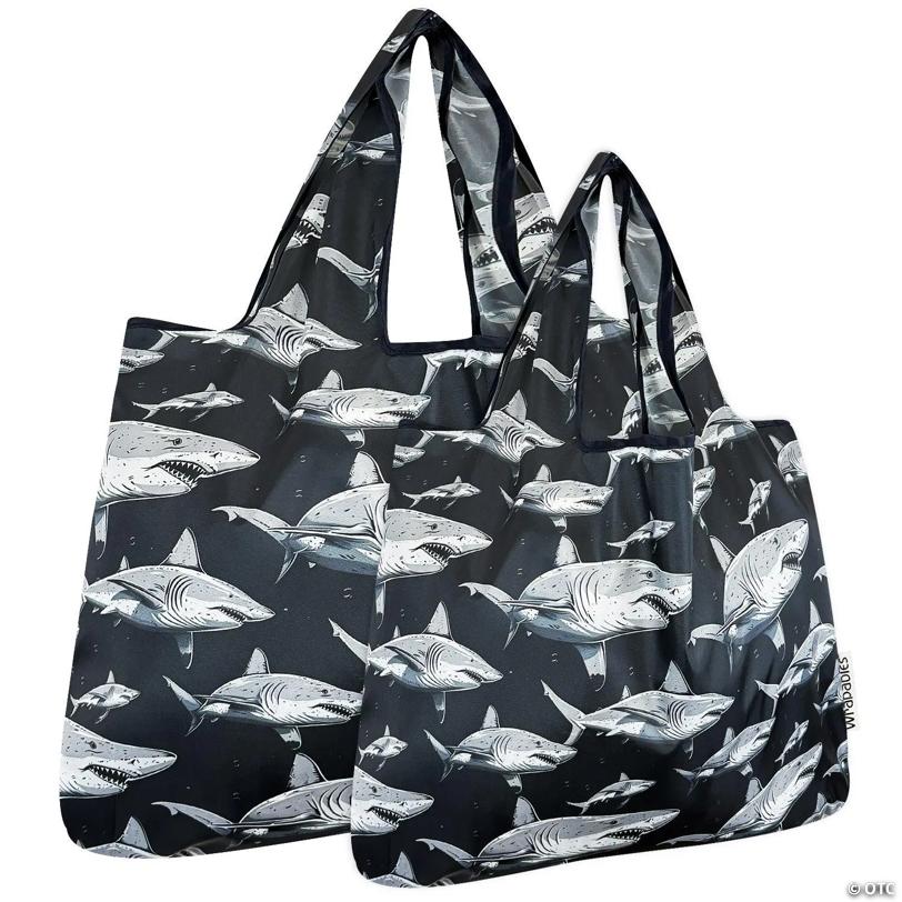 Wrapables Large & Small Foldable Tote Nylon Reusable Grocery Bags, Set of 2, Sharks in Black
