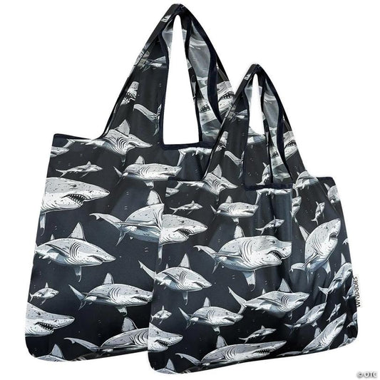 Wrapables Large & Small Foldable Tote Nylon Reusable Grocery Bags, Set of 2, Sharks in Black