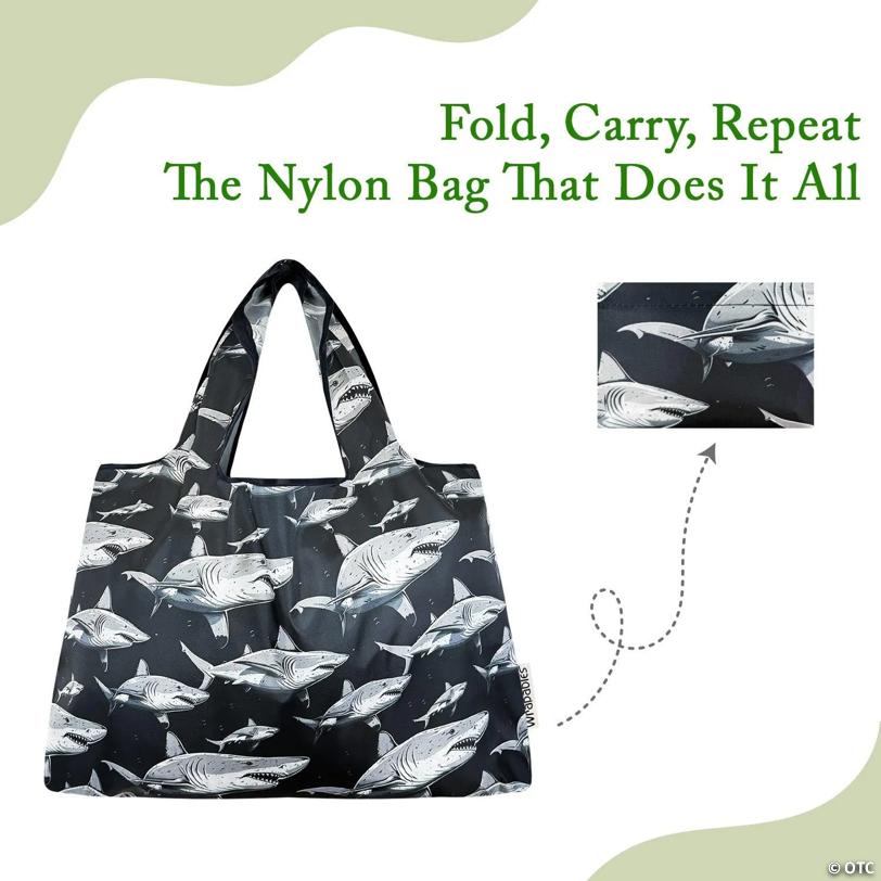 Wrapables Large & Small Foldable Tote Nylon Reusable Grocery Bags, Set of 2, Sharks in Black