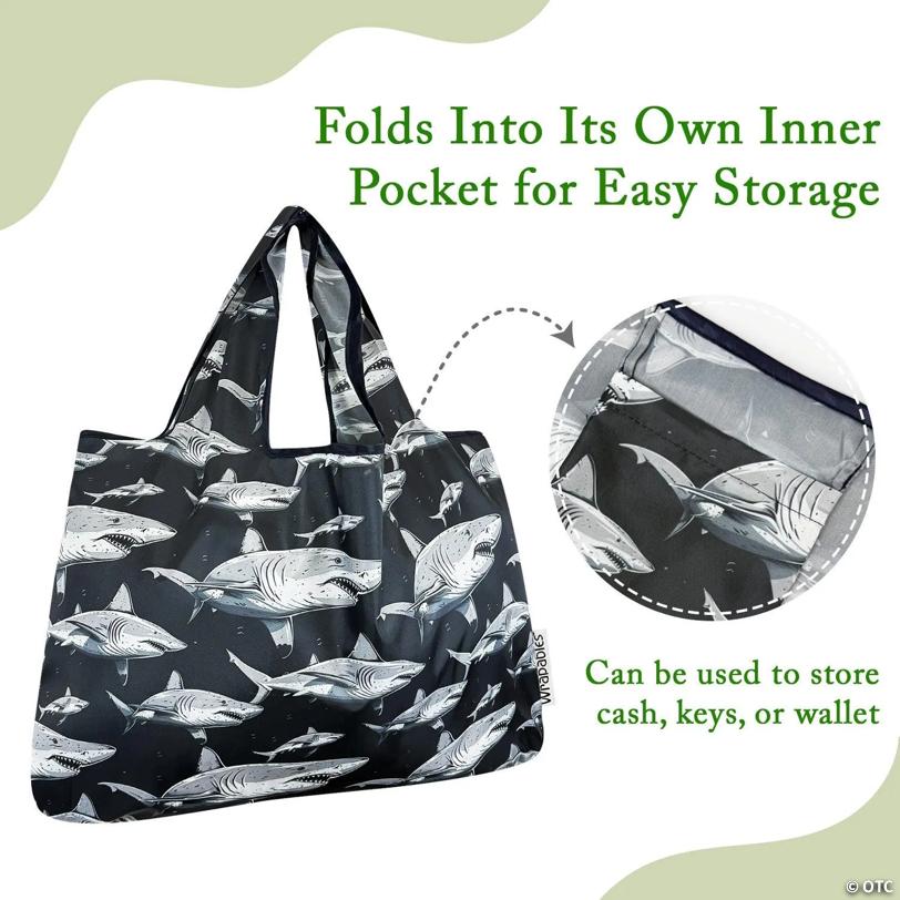 Wrapables Large & Small Foldable Tote Nylon Reusable Grocery Bags, Set of 2, Sharks in Black