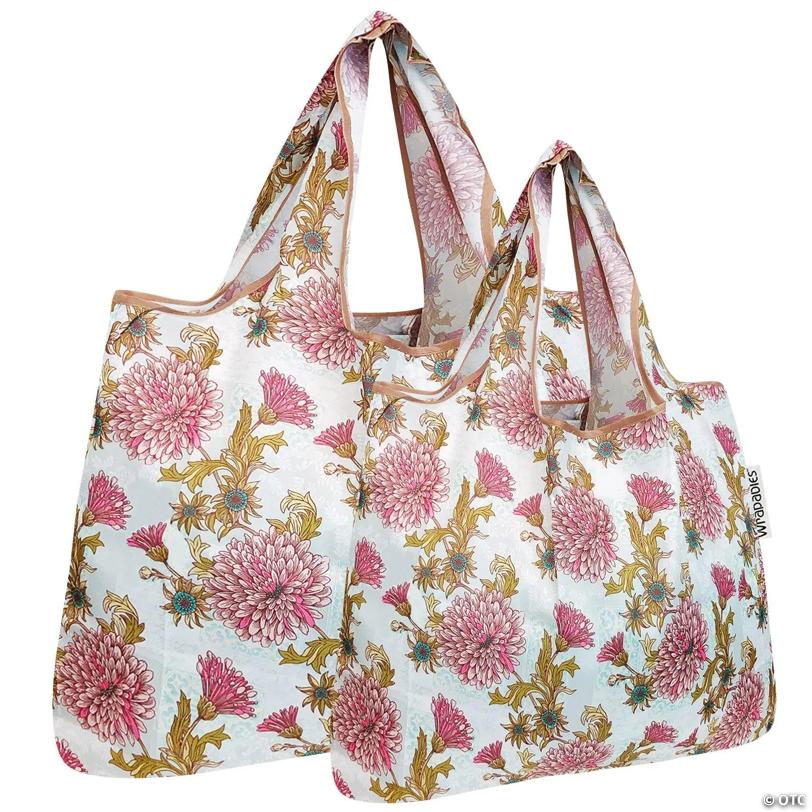 Wrapables Large & Small Foldable Tote Nylon Reusable Grocery Bags, Set of 2, Vintage Chrysanthemums