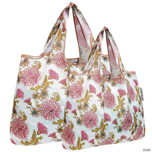 Wrapables Large & Small Foldable Tote Nylon Reusable Grocery Bags, Set of 2, Vintage Chrysanthemums