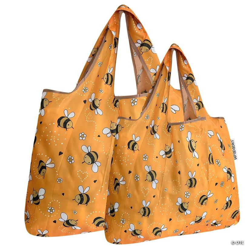 Wrapables Large & Small Foldable Tote Nylon Reusable Grocery Bags, Set of 2, Yellow Bees