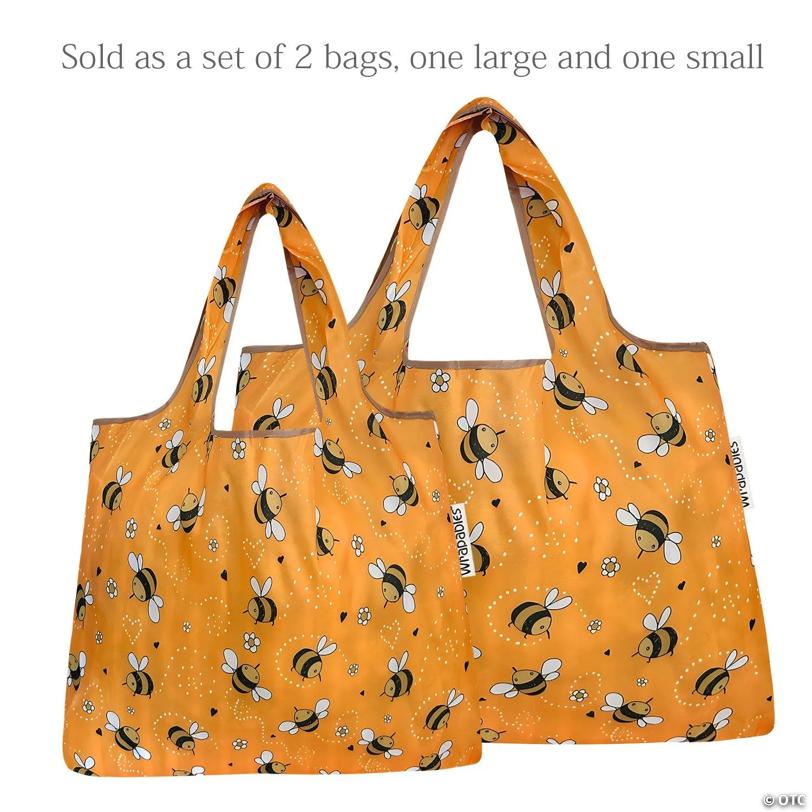Wrapables Large & Small Foldable Tote Nylon Reusable Grocery Bags, Set of 2, Yellow Bees
