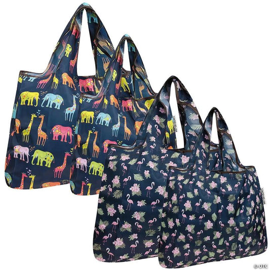 Wrapables Large & Small Foldable Tote Nylon Reusable Grocery Bags, Set of 4, Love Animals Flamingo