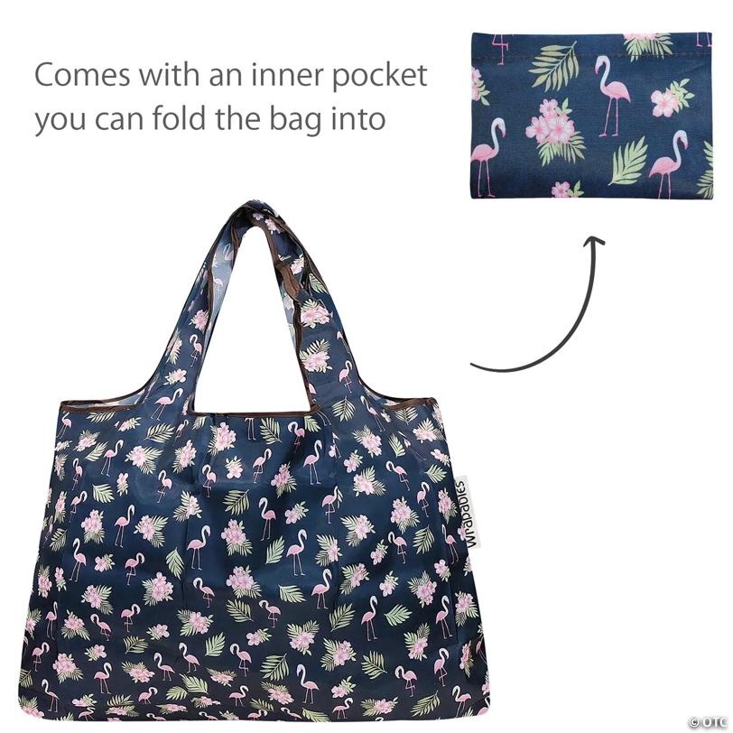 Wrapables Large & Small Foldable Tote Nylon Reusable Grocery Bags, Set of 4, Love Animals Flamingo
