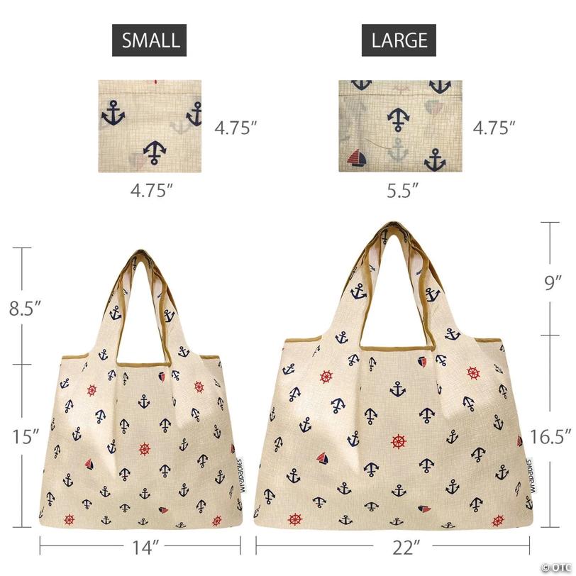 Wrapables Large & Small Nylon Reusable Grocery Bags, Set 2, Anchors Away