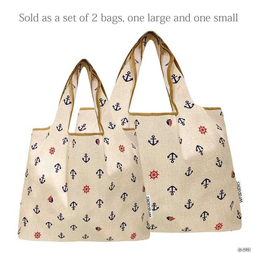 Wrapables Large & Small Nylon Reusable Grocery Bags, Set 2, Anchors Away