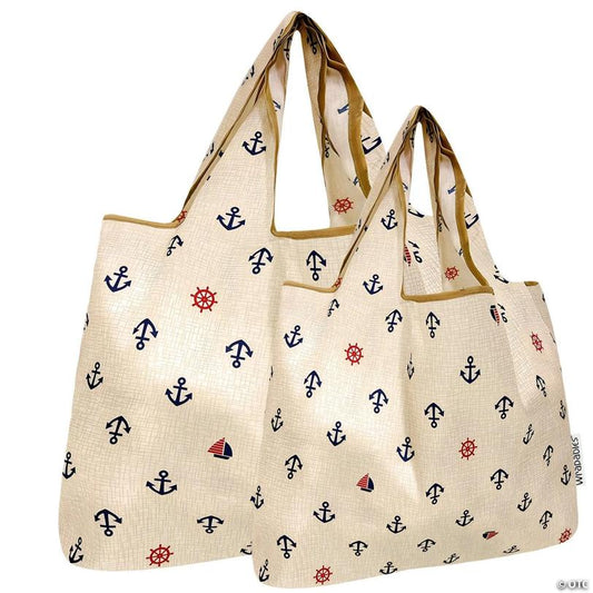 Wrapables Large & Small Nylon Reusable Grocery Bags, Set 2, Anchors Away