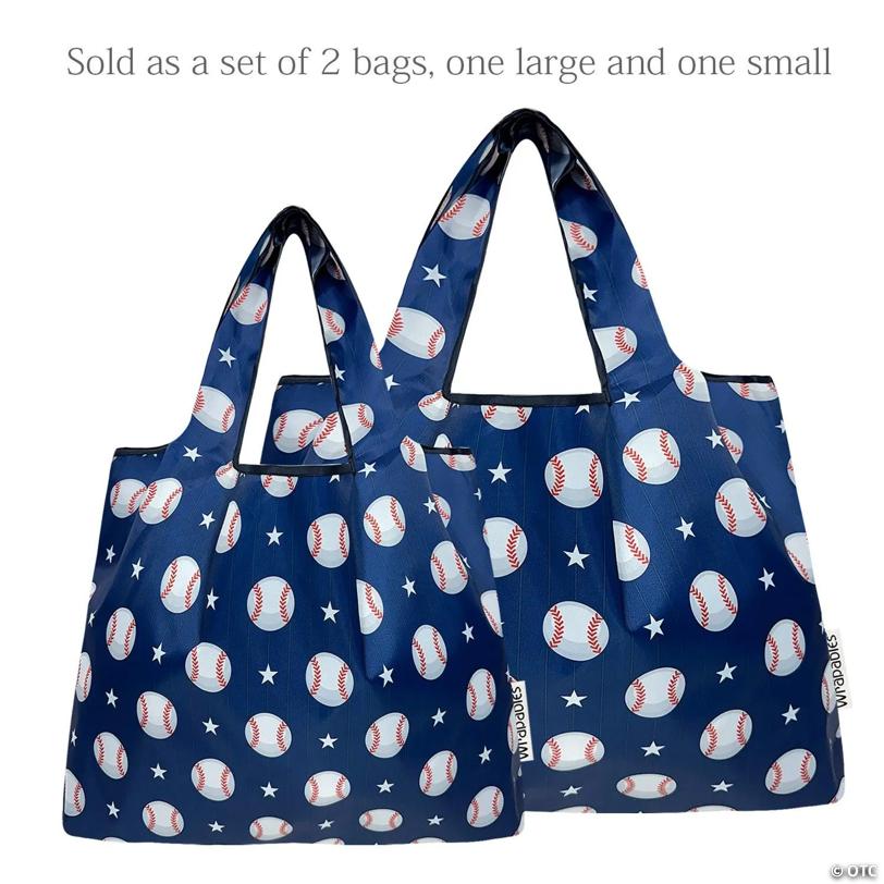 Wrapables Large & Small Nylon Reusable Grocery Bags, Set 2, Baseball