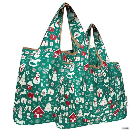 Wrapables Large & Small Nylon Reusable Grocery Bags, Set 2, Christmas Green