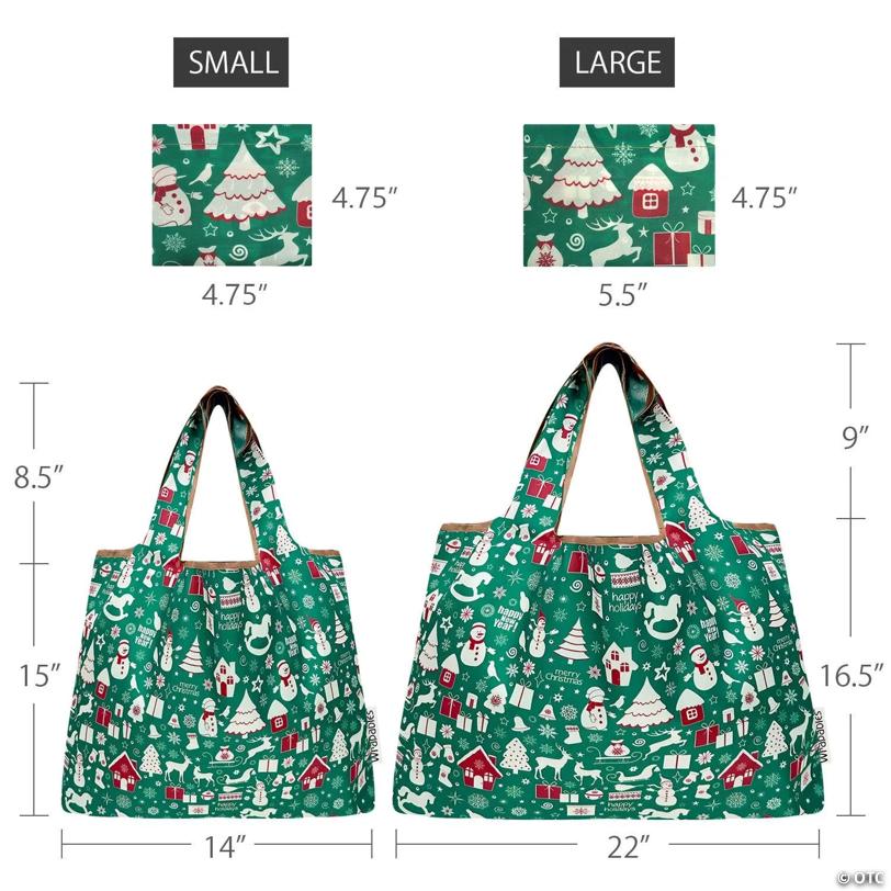 Wrapables Large & Small Nylon Reusable Grocery Bags, Set 2, Christmas Green
