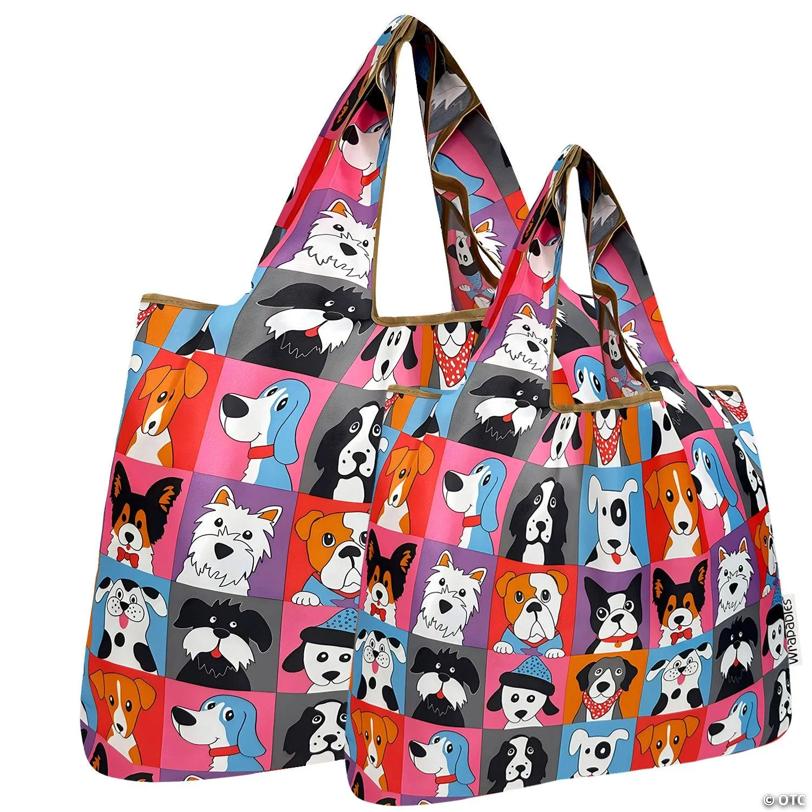 Wrapables Large & Small Nylon Reusable Grocery Bags, Set 2, Cute Dogs