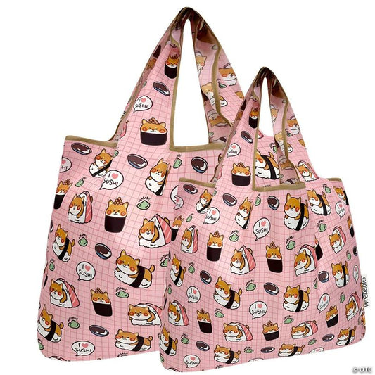 Wrapables Large & Small Nylon Reusable Grocery Bags, Set 2, Doggy Sushi