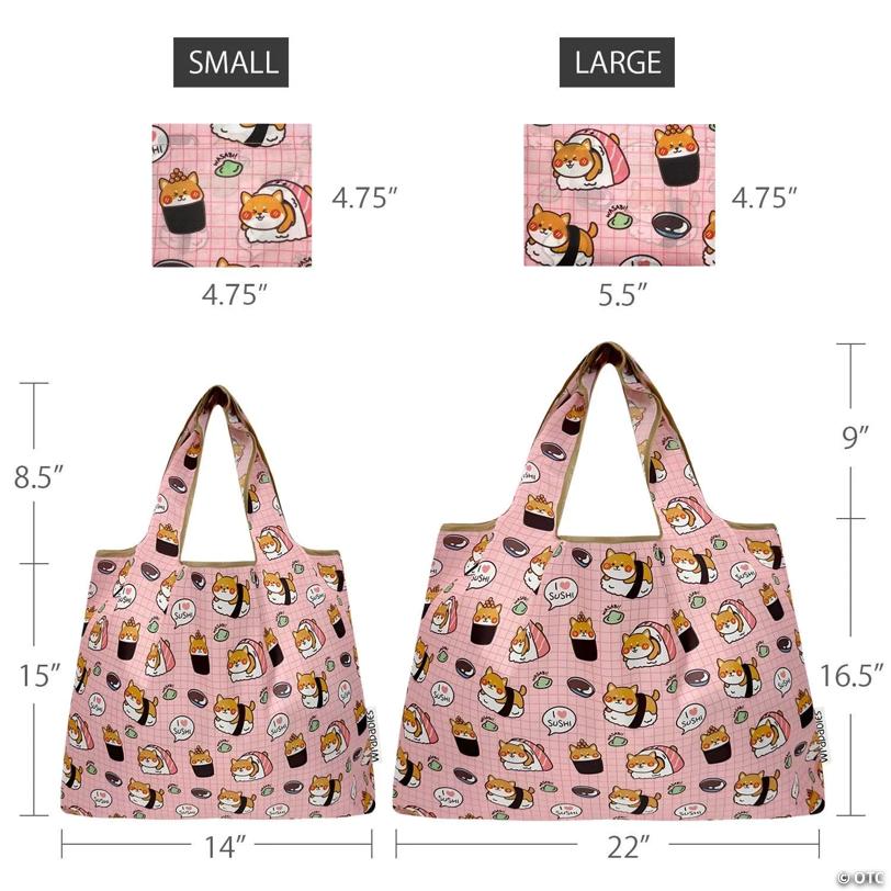 Wrapables Large & Small Nylon Reusable Grocery Bags, Set 2, Doggy Sushi