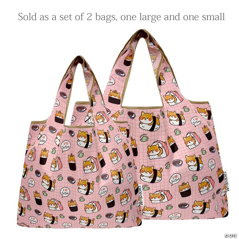 Wrapables Large & Small Nylon Reusable Grocery Bags, Set 2, Doggy Sushi