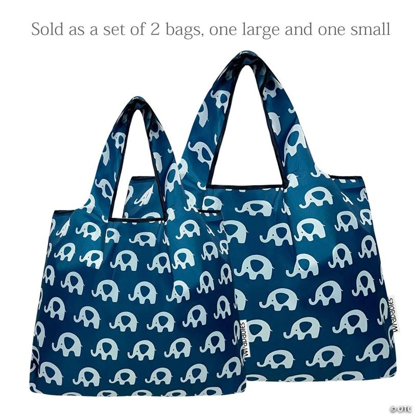 Wrapables Large & Small Nylon Reusable Grocery Bags, Set 2, Happy Elephants