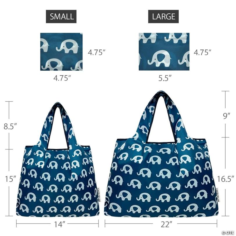 Wrapables Large & Small Nylon Reusable Grocery Bags, Set 2, Happy Elephants