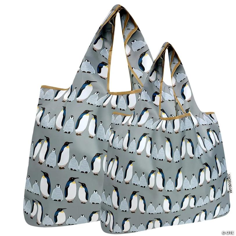 Wrapables Large & Small Nylon Reusable Grocery Bags, Set 2, Penguins