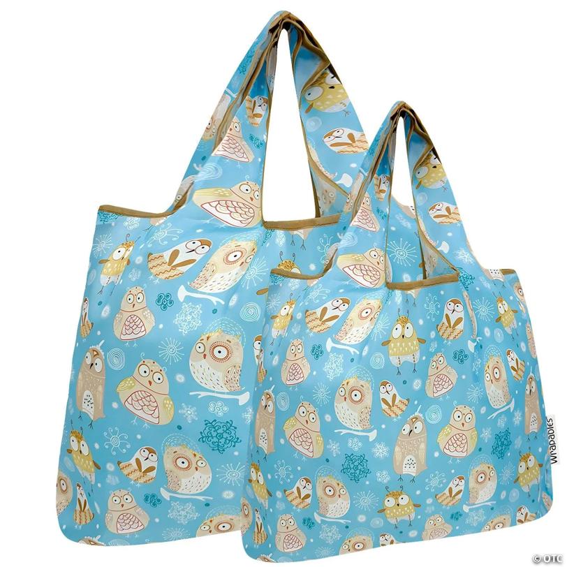 Wrapables Large & Small Nylon Reusable Grocery Bags, Set 2, Silly Owls