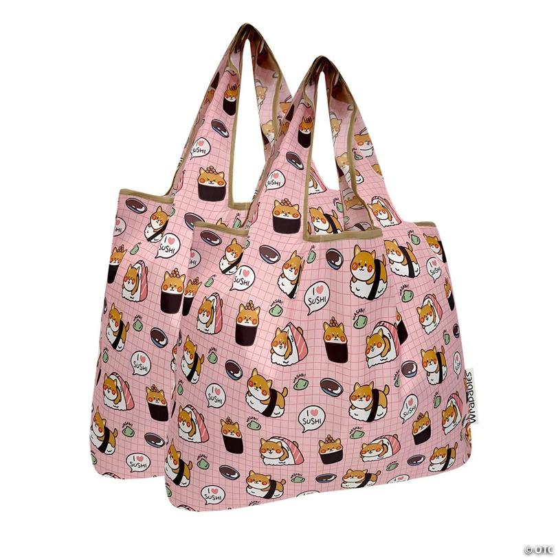 Wrapables Medium Nylon Reusable Shopping Bags (Set of 2), Doggy Sushi