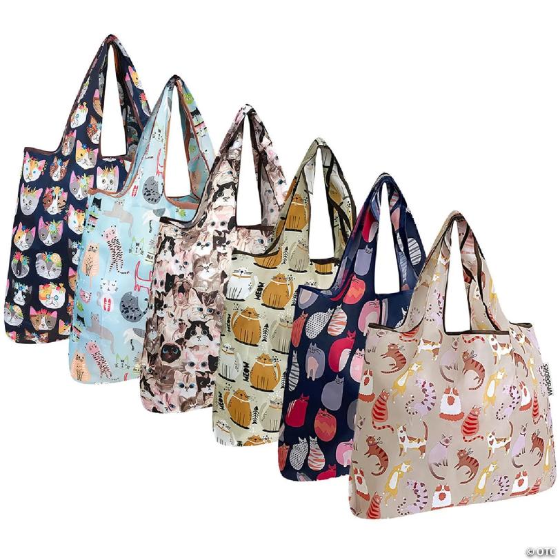 Wrapables Small Foldable Tote Nylon Reusable Grocery Bags (Set of 6), Infinite Cats