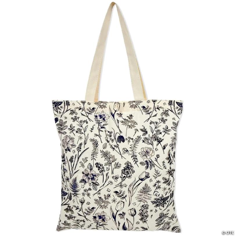 Wrapables Zippered Canvas Tote Bag, Reusable Grocery Shopping Bag, Blue Floral