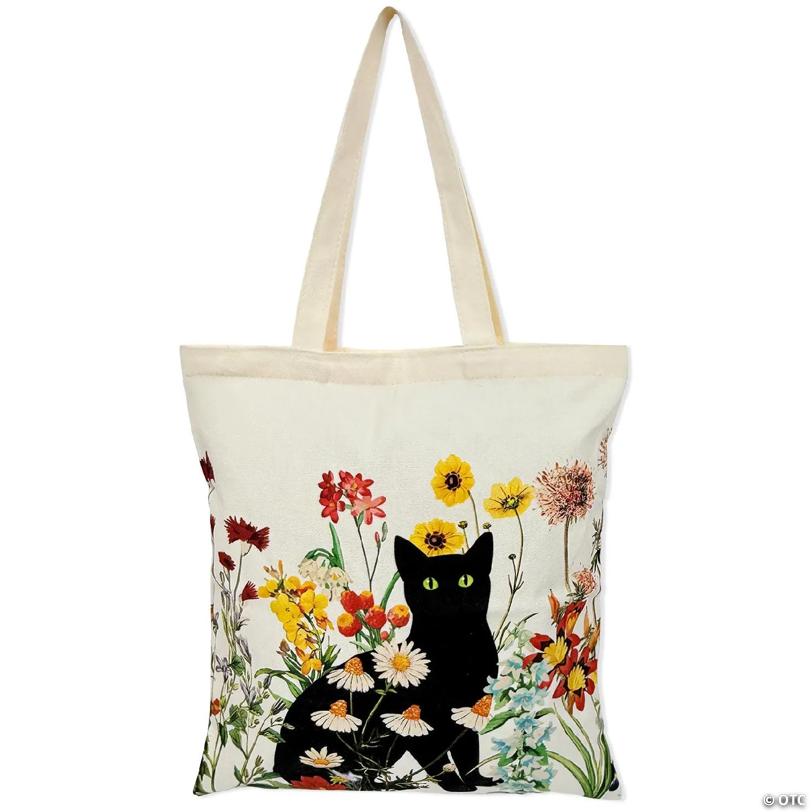 Wrapables Zippered Canvas Tote Bag, Reusable Grocery Shopping Bag, Cat in Garden