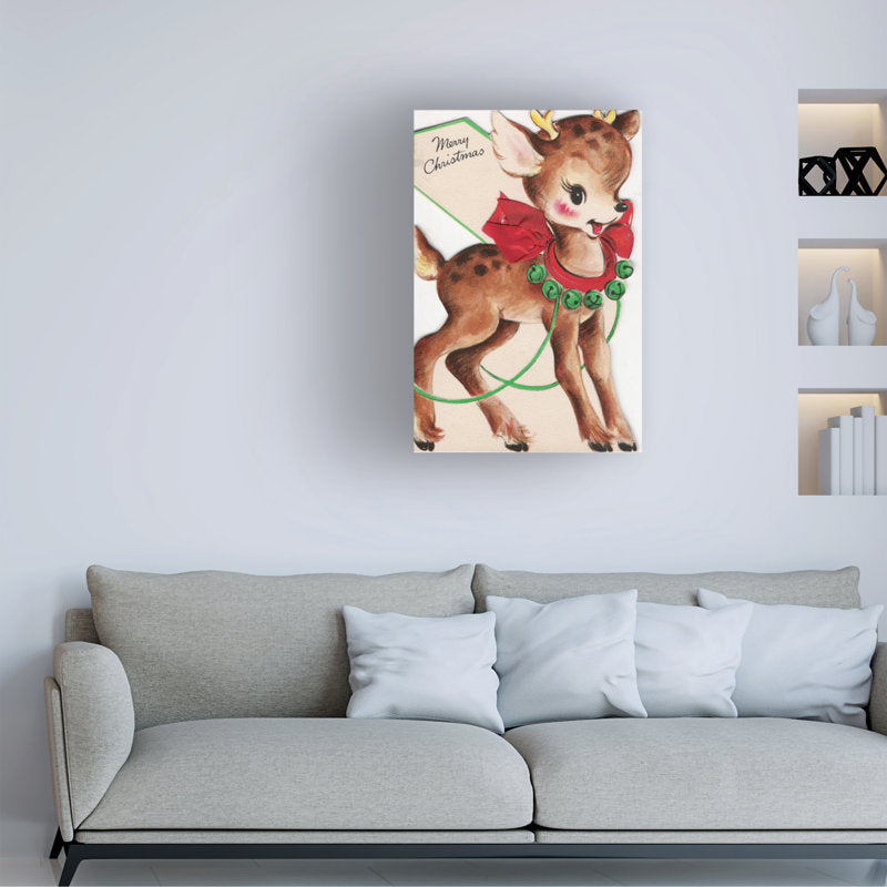 Wrapped Canvas Wall Art - Vintage Apple Collection 'Vintage Xmas Card Deer' Wall Art for Living Room, Bedroom, or Office DÃ©cor - 16x24